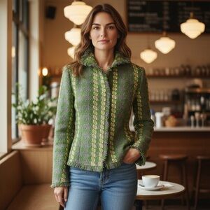 Lisli 100% Wool Tweed Hour Glass Tailored Blazer Jacket. Grey, Green and Yellow